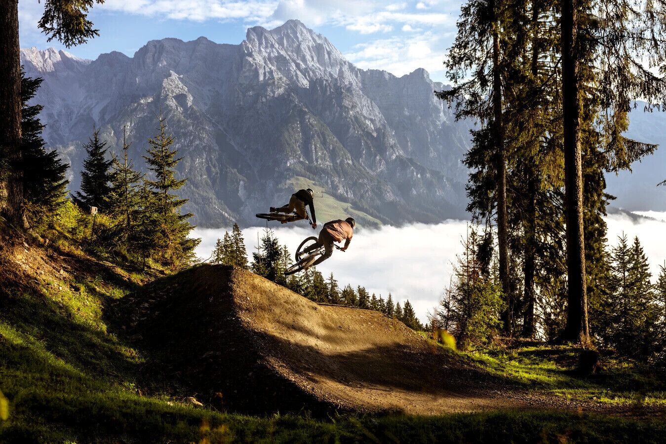 Un ciclista de montaña realizando un salto sobre una rampa de tierra, con un bosque y montañas al fondo.