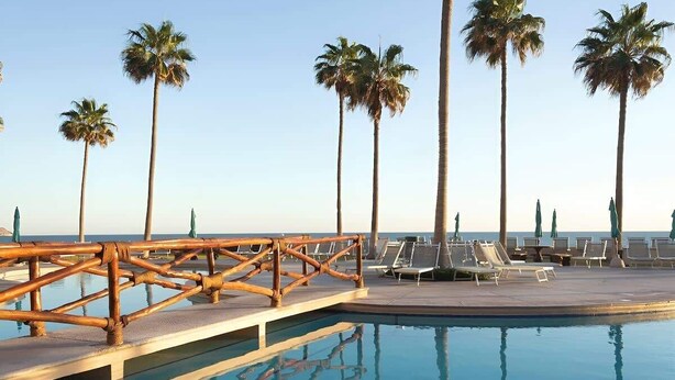 A poolside area with lounge chairs and palm trees. - Sonoran Spa N 501 1 Bed 1 Bath (Puerto Peñasco)