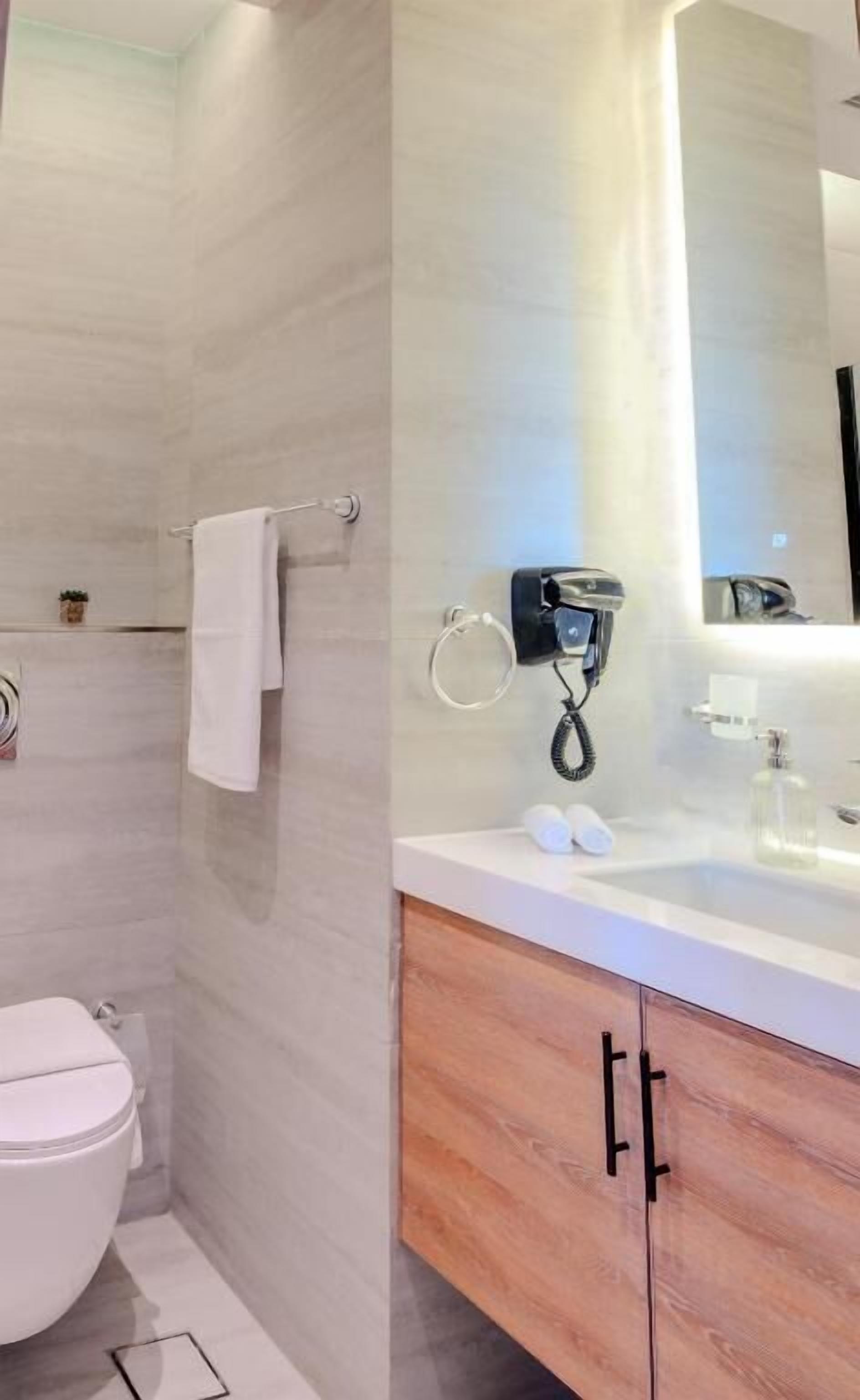 Un baño con inodoro, perchero para toallas, secador de pelo y espejo.