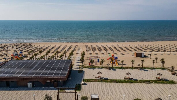 A beach with rows of umbrellas and palm trees, a building with solar panels, and a clear view of the ocean.