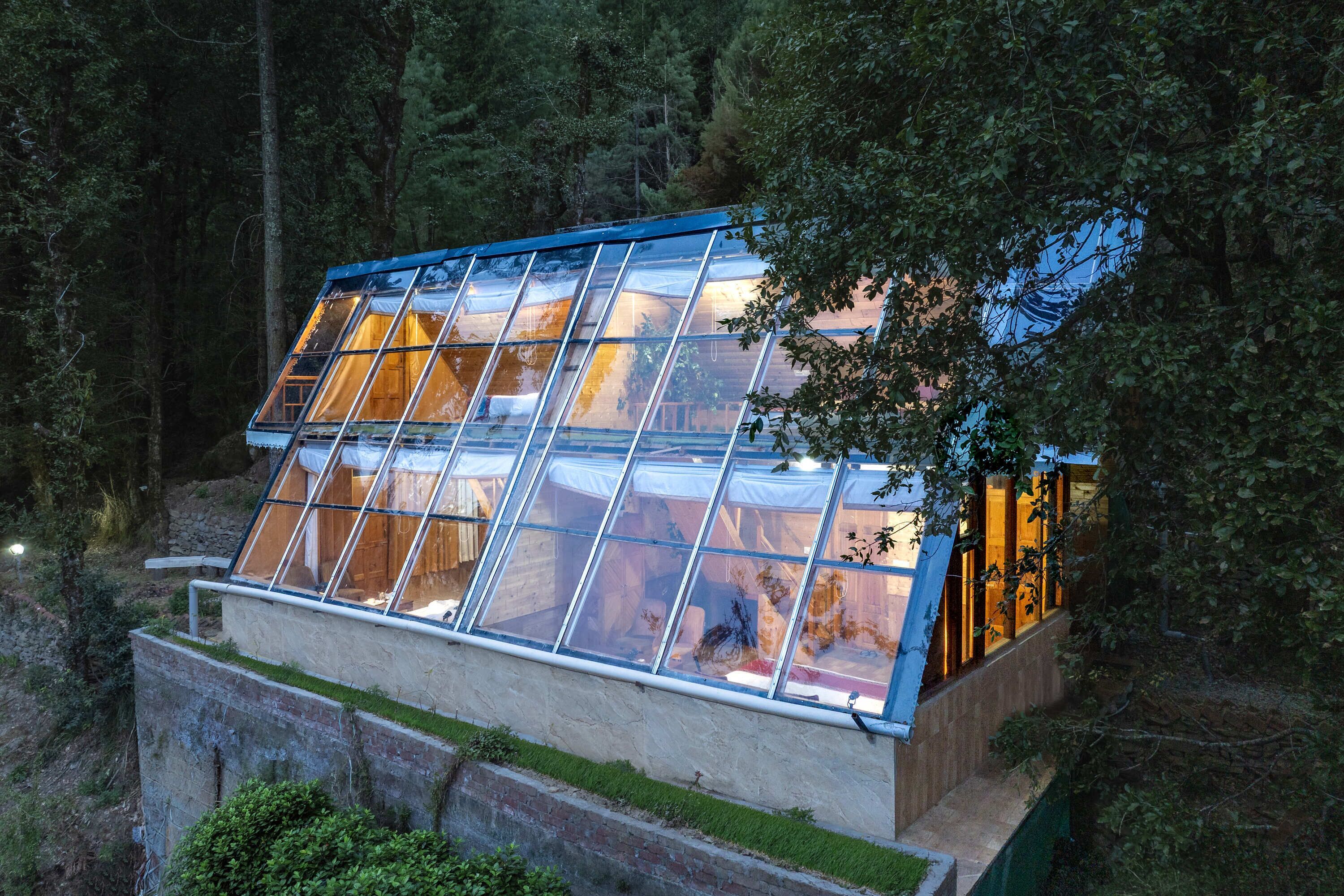 A modern glass structure with a sloped roof, surrounded by dense forest.