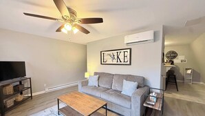 Un salon comprenant un canapé, une table basse, un téléviseur, un ventilateur de plafond et un climatiseur fixé au mur.