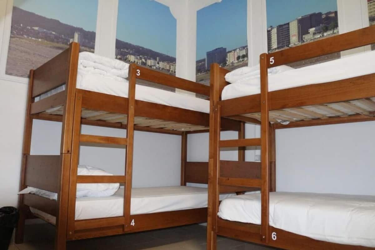 Un conjunto de literas numeradas del 3 al 6, ropa de cama blanca y vista a la ciudad a través de las ventanas.