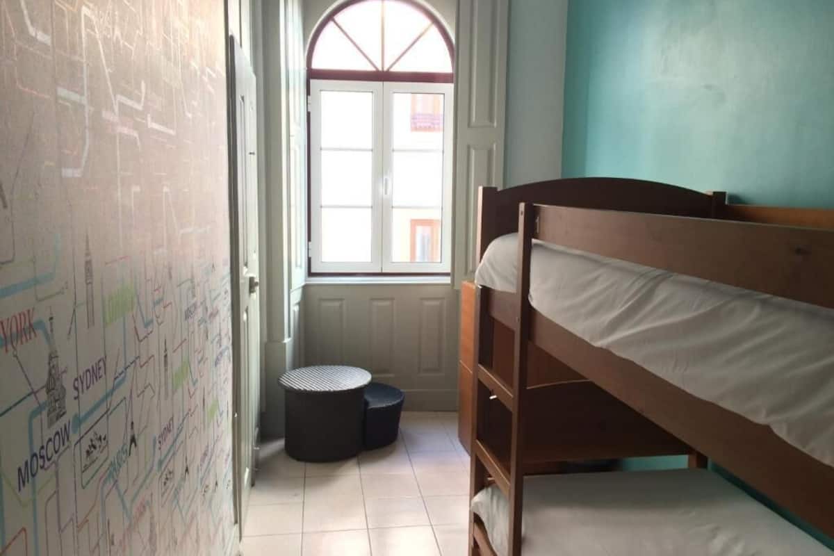 Una habitación con literas, un mapa en la pared, una ventana con vistas y una puerta.