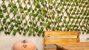 Una panca e un tavolo in legno appoggiati a un muro con una pianta rampicante.