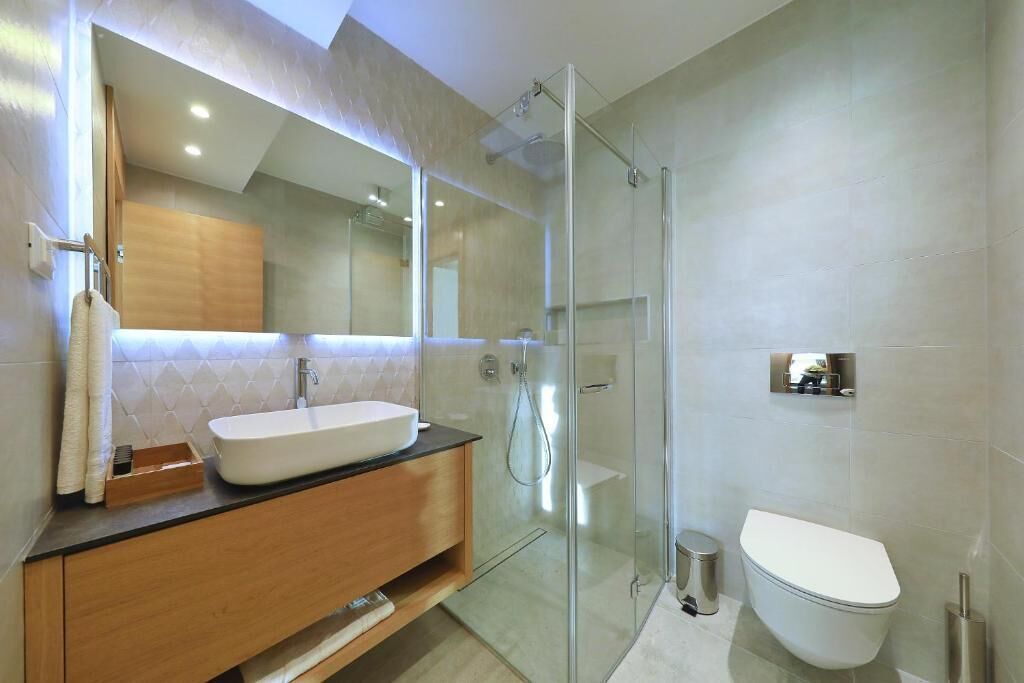 A modern bathroom with a glass shower enclosure, a white sink, and a toilet.