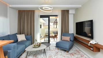 Deluxe Apartment, 1 Bedroom, Terrace, Pool View | Living area