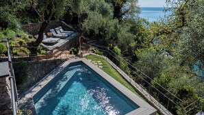 Ein rechteckiger Pool mit klarem Wasser, umgeben von Steinmauern und üppiger Bepflanzung, mit Blick auf das Meer.