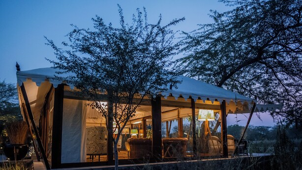 Una estructura tipus tenda acollidora i ben il·luminada, amb fonamentació de pedra, envoltada per vegetació natural.