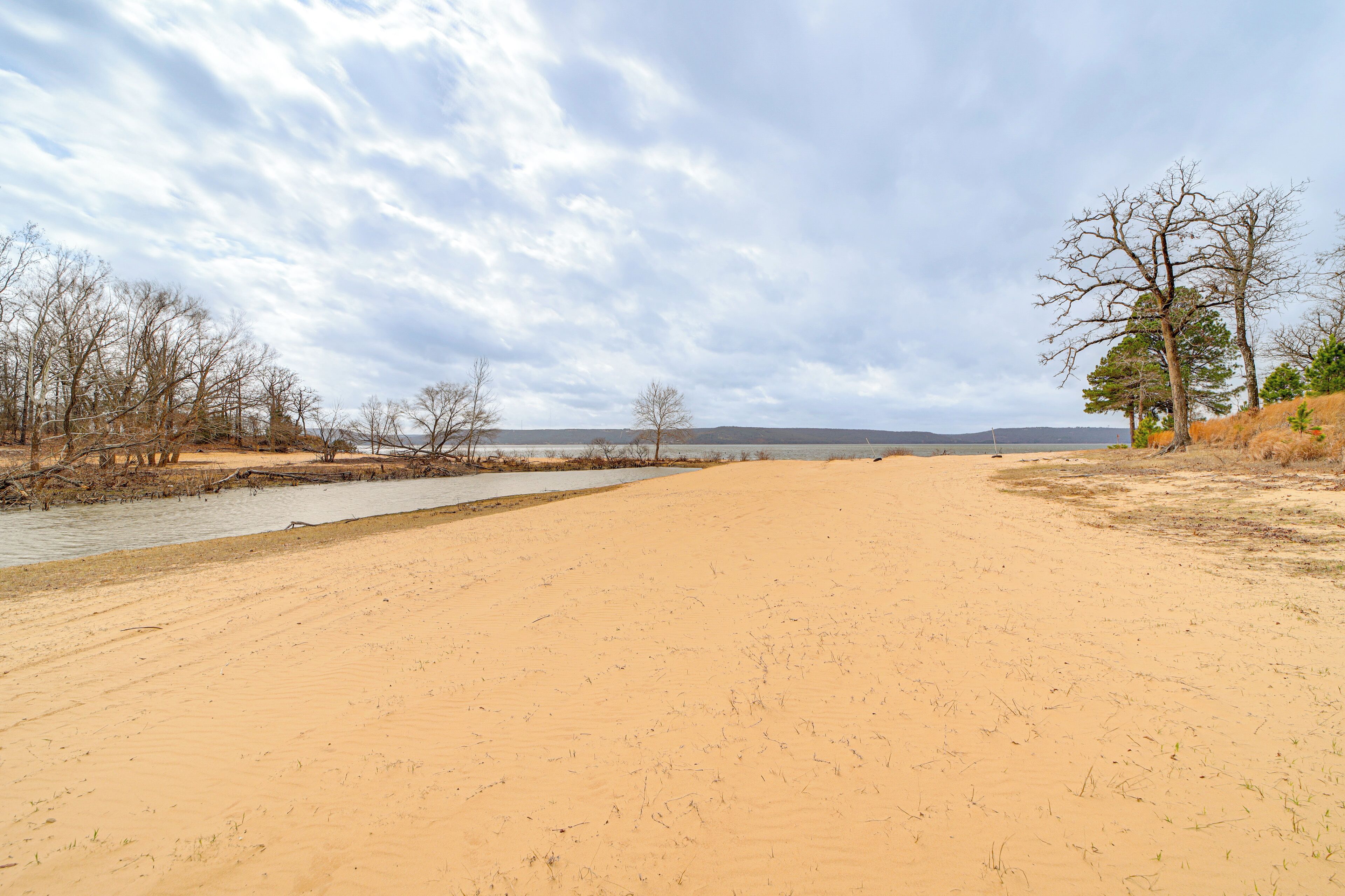 Una playa arenosa con un río, árboles y un cielo nublado.