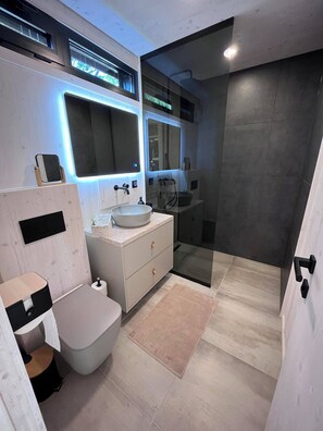 Shower, towels, soap, toilet paper