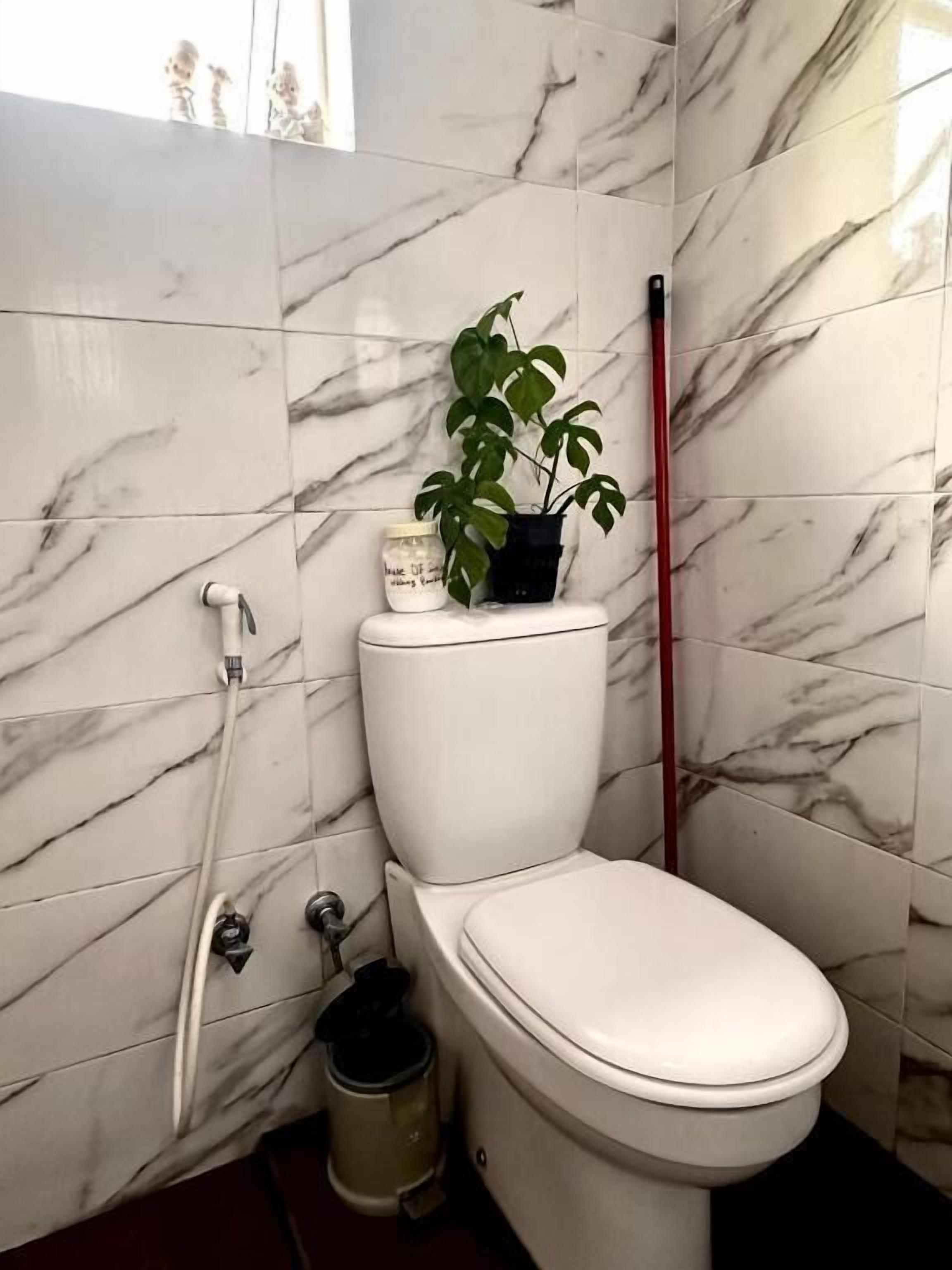 Une salle de bain avec des toilettes, une plante, une poubelle et un balai-serpillière.