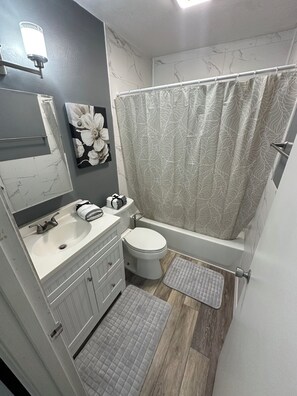 Secadora de cabello, toallas, jabón, papel de baño