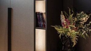 A bookshelf with books and a decorative plant. - Villa Amma Valamar Private Pool Jacuzzi (Ishëm)
