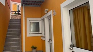 A narrow corridor with a staircase, a door with a window, and a small potted plant.