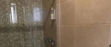 A bathroom with a glass shower enclosure, a toilet, and a roll of toilet paper.
