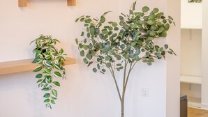 A room with a potted plant, wooden shelves with plants and framed pictures, and a herringbone floor. - New Apartment, 5 Minutes to Centro and Gasometer (Oberhausen)