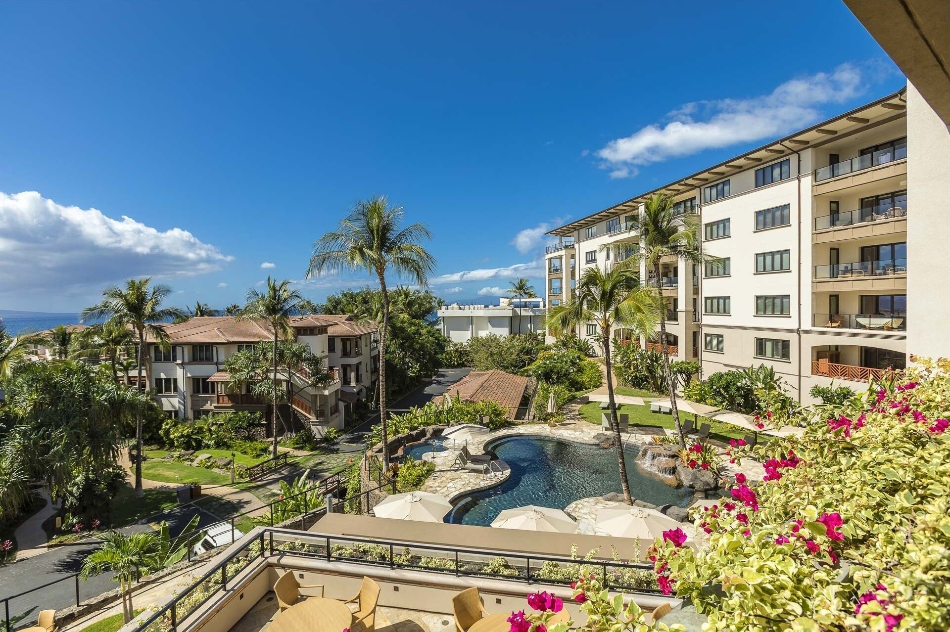 A resort with a swimming pool, palm trees, and a view of the ocean.