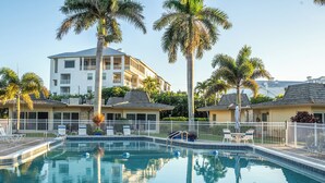 Una piscina con cerca blanca, palmeras y un edificio de varios pisos al fondo.