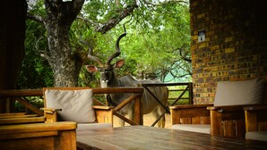 Una terraza de madera con bancos y una mesa, rodeada por un muro de ladrillo y un árbol.