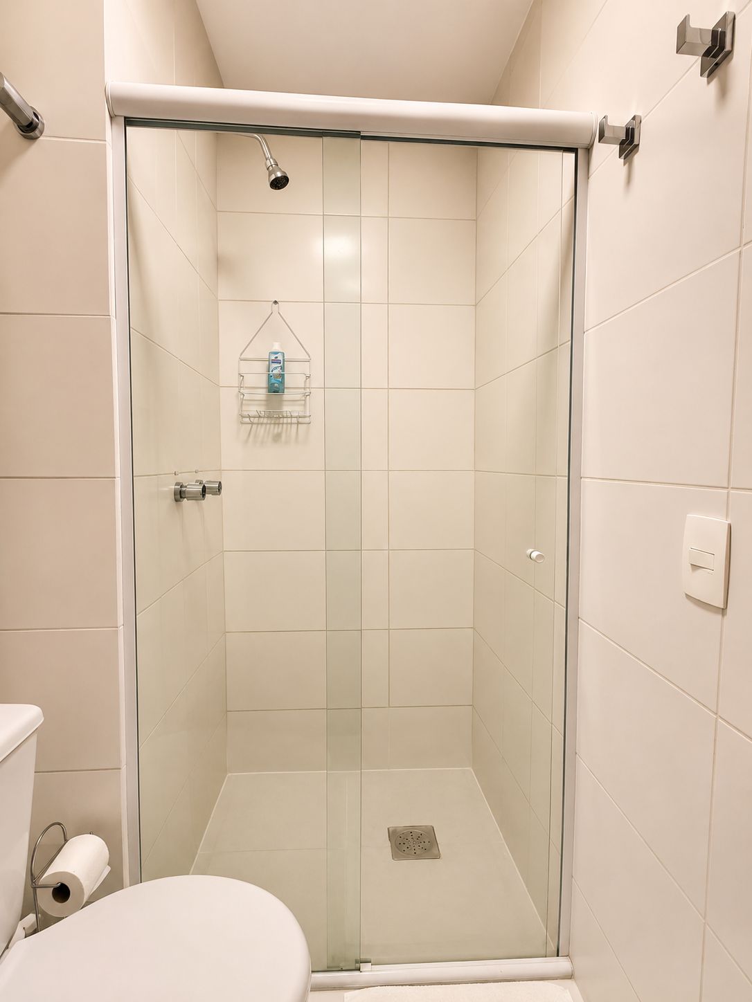 A glass-enclosed shower stall with a toilet and a towel rack visible.