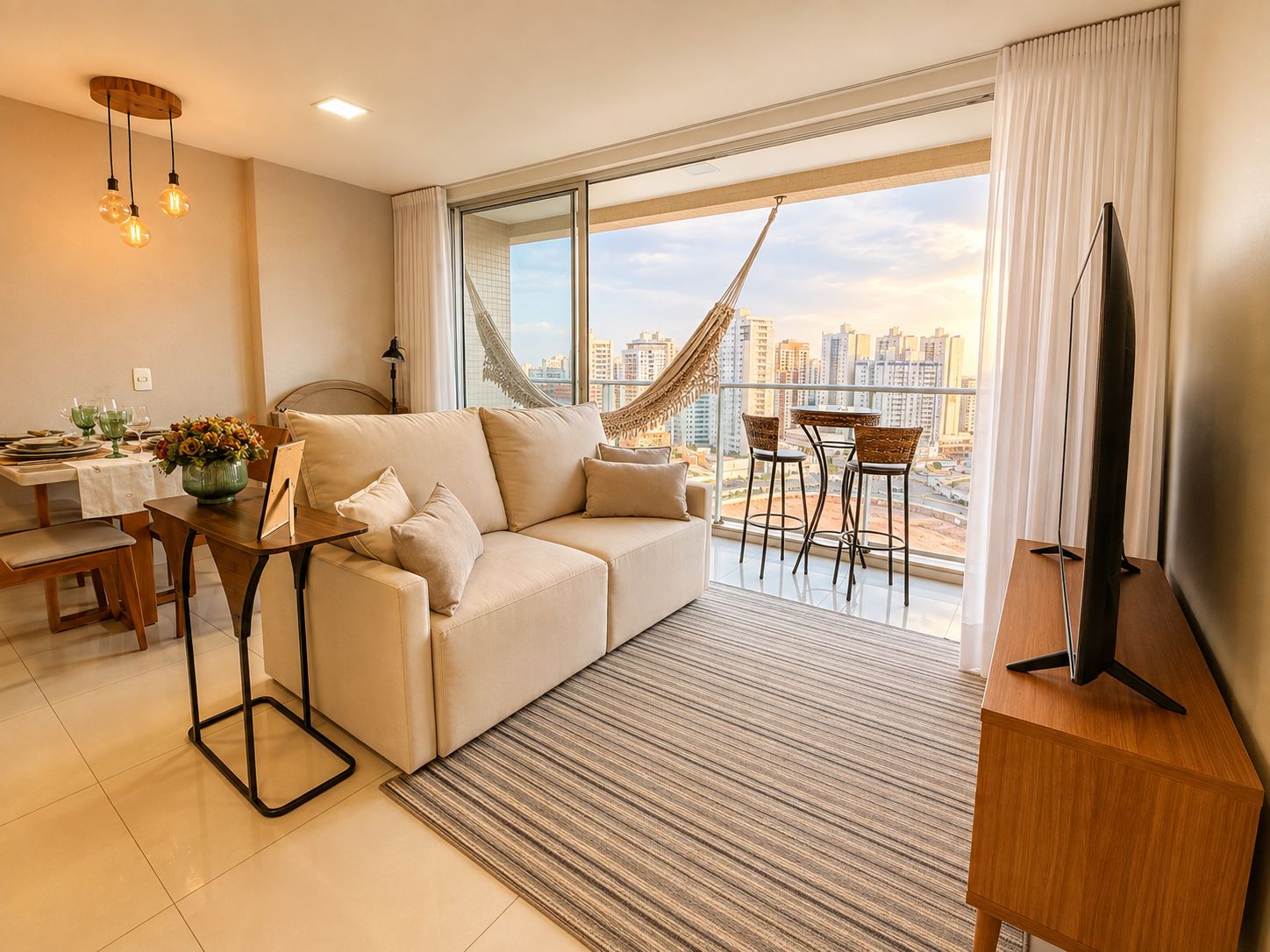 A modern living room with a sofa, dining table, and chairs, a TV, and a view of the cityscape.