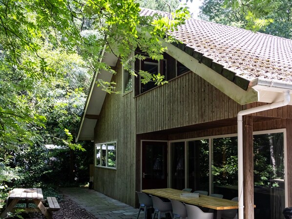 A wooden house with a sloped roof, large windows, and a patio area with a table and chairs. - House in the Woods in Drenthe (Een)