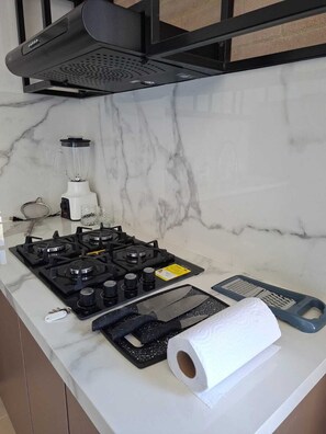 豪華公寓, 陽台, 城市景觀 | 私人廚房 | 大型冰箱、微波爐、爐台、鍋具/餐盤/廚房用品