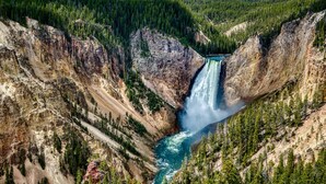 A canyon with a waterfall, surrounded by dense forest. - Old West Studio Cabin Near Yellowstone (Island Park)
