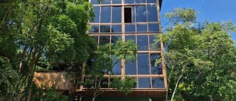 Un edificio de varios pisos con amplios ventanales, rodeado de abundante vegetación.