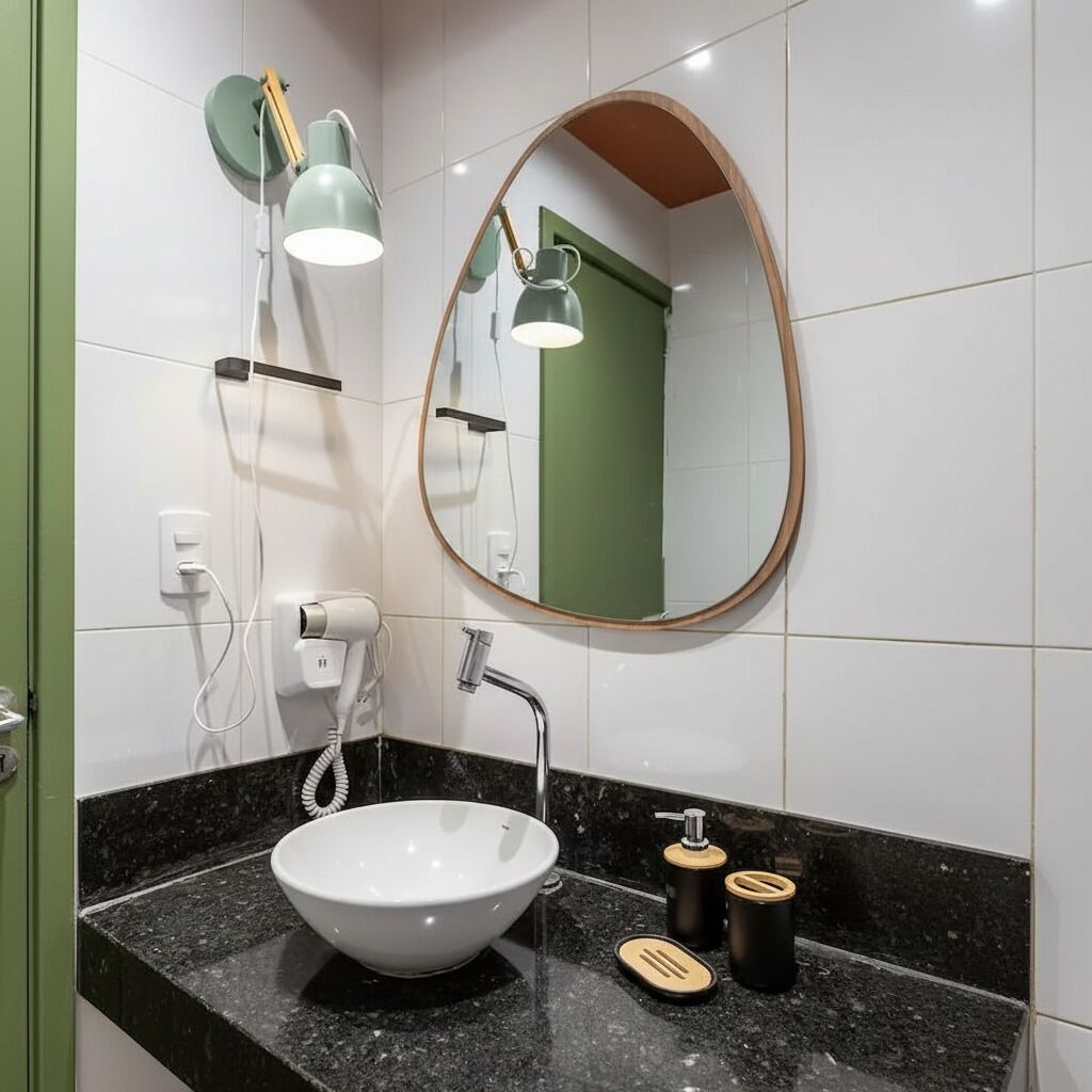 A bathroom with a white sink, a round mirror, a green door, and a black countertop.