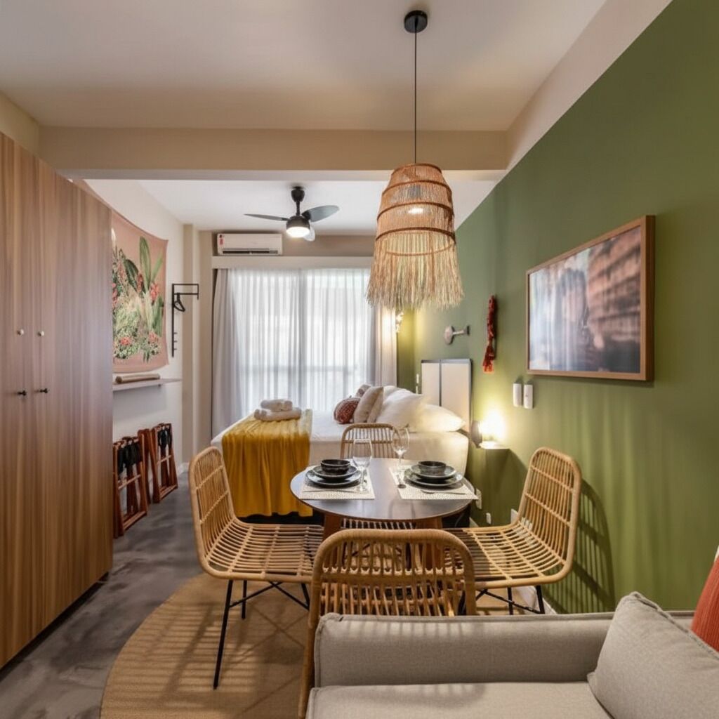 A dining area with a round table, wicker chairs, a hanging light fixture, and a sofa.