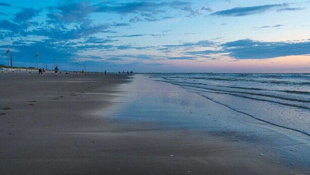 Une plage avec une longue étendue de sable, quelques personnes qui se promènent et des éoliennes à l’horizon.