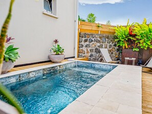 Una piscina con un muro de piedra y plantas.