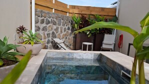 A swimming pool with stone walls, potted plants, and a wooden fence. - House with private pool - 4 guests (Saint-Joseph)
