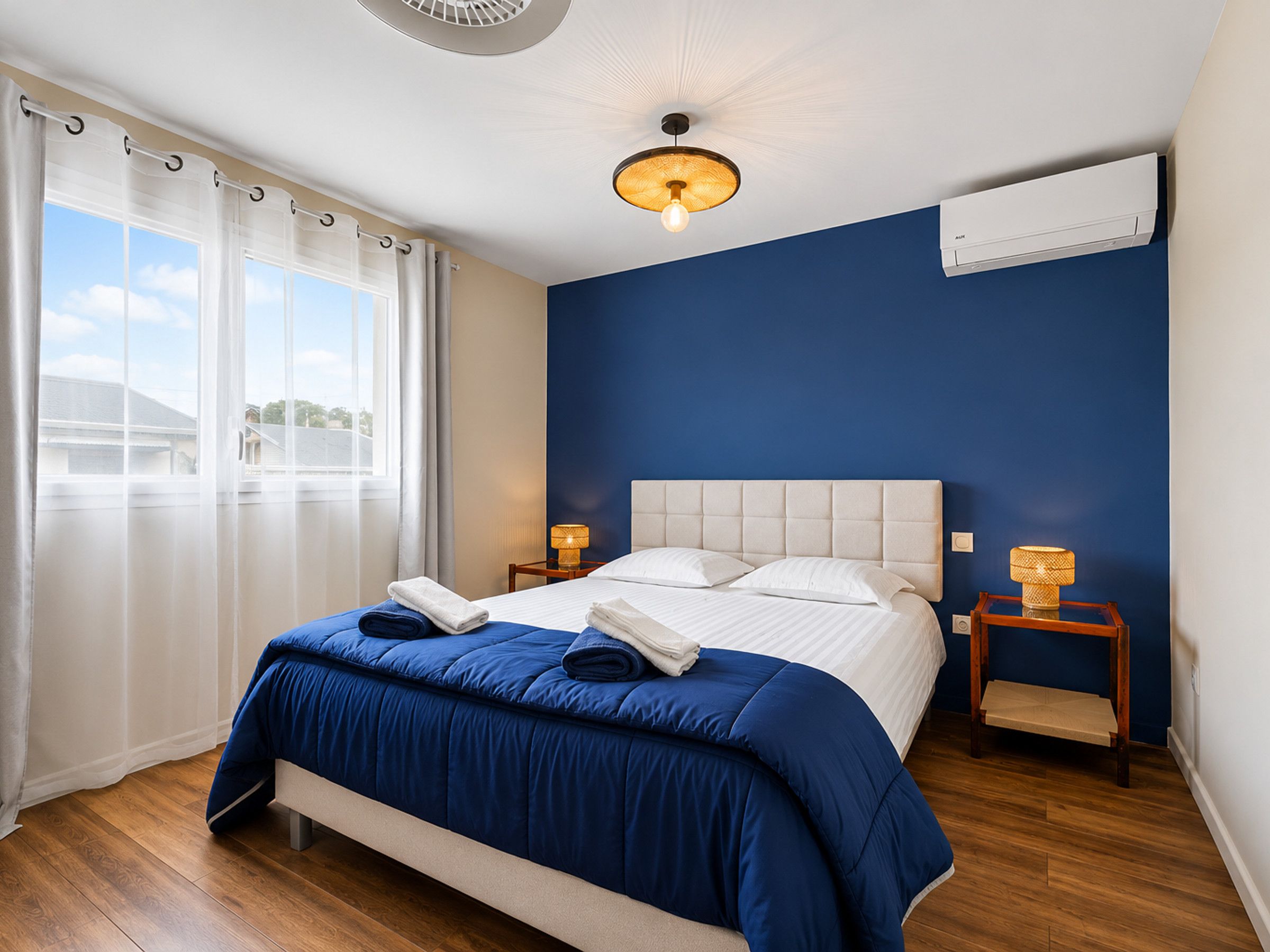 A hotel room with a bed, two bedside tables, a window with curtains, a ceiling fan, and an air conditioning unit.