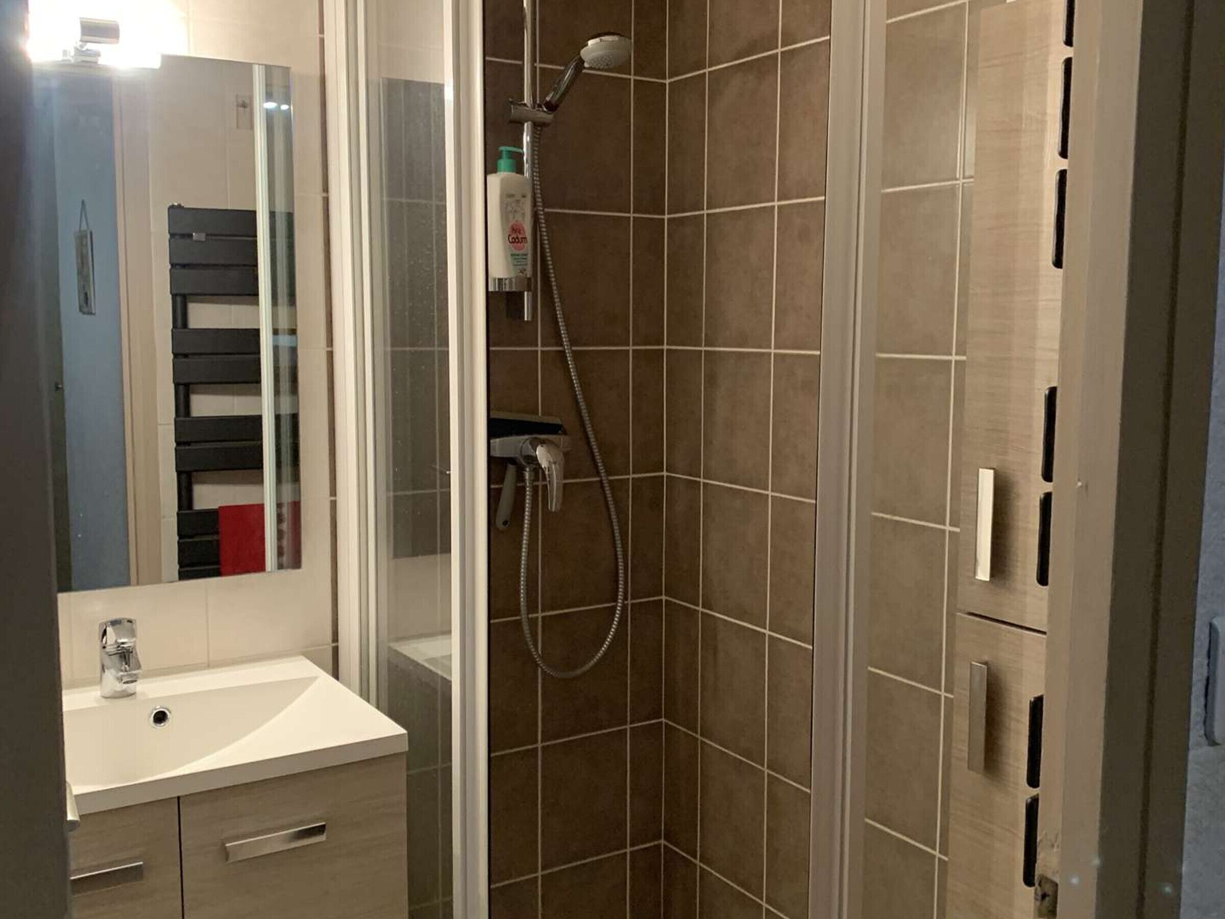 A modern bathroom with a glass-enclosed shower, a white sink, and a mirror.