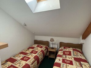 A small, cozy room with two single beds, a nightstand, a lamp, and a skylight. - Duplex apartment with parking - 6 guests (Valloire)