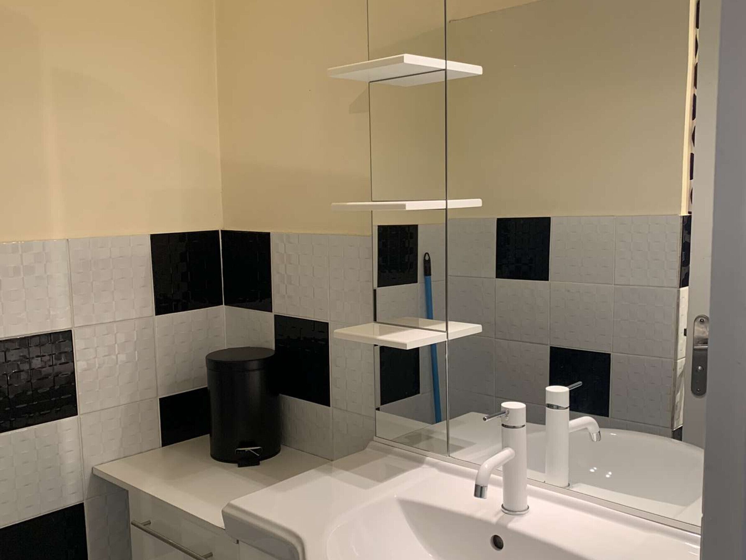 Ein modernes Badezimmer mit einem weißen Waschbecken, einem Spiegel und einer schwarzen Mülltonne.