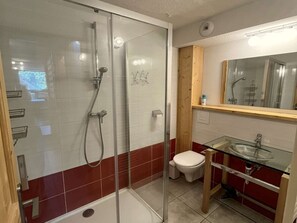 Een badkamer met een douchecabine van glas, een toilet en een wastafel met spiegel erboven.