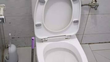 Inodoro blanco con tapa, palanca de descarga y un sistema bidé.