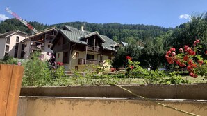 A chalet-style building with a balcony, surrounded by a garden with red flowers, set against a backdrop of a forested mountain.