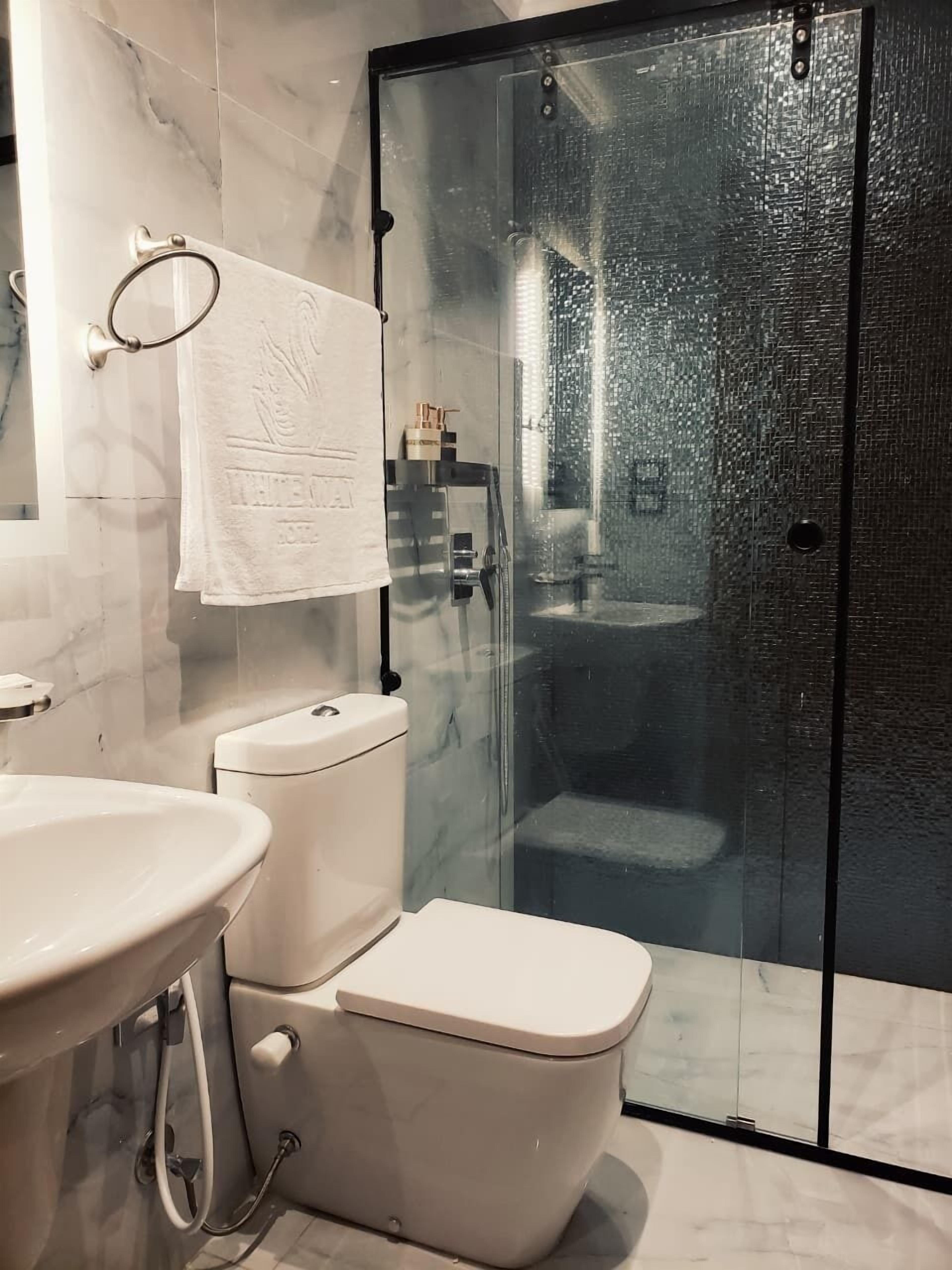 A modern bathroom with a glass shower enclosure, a white toilet, and a sink.