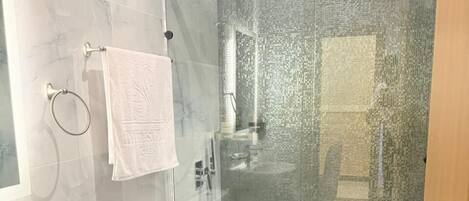 A modern bathroom with a glass-enclosed shower, a toilet, and a sink.