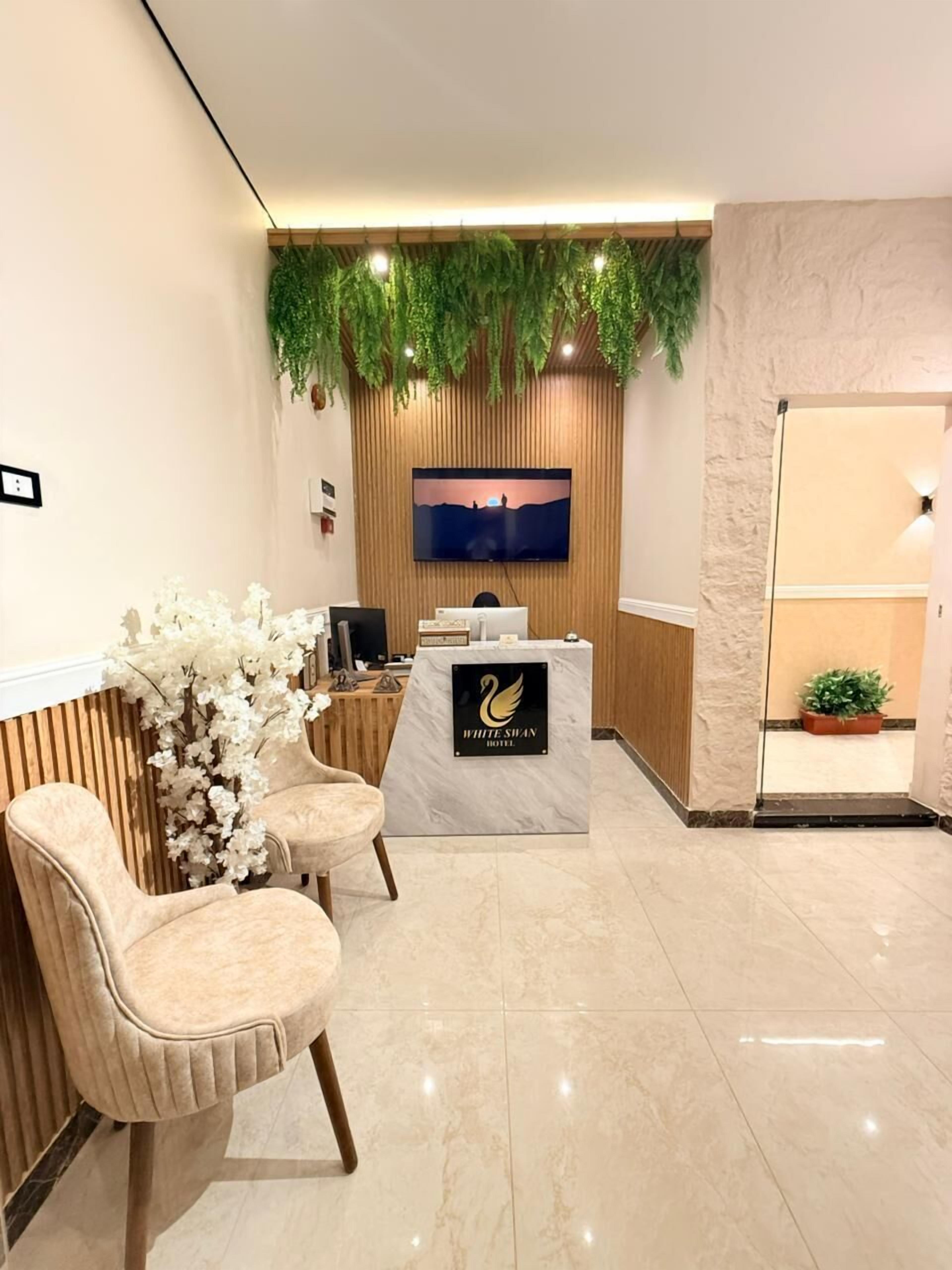 Un área de recepción con un mostrador, dos sillones cómodos, un televisor montado en una pared de madera y una planta en maceta.
