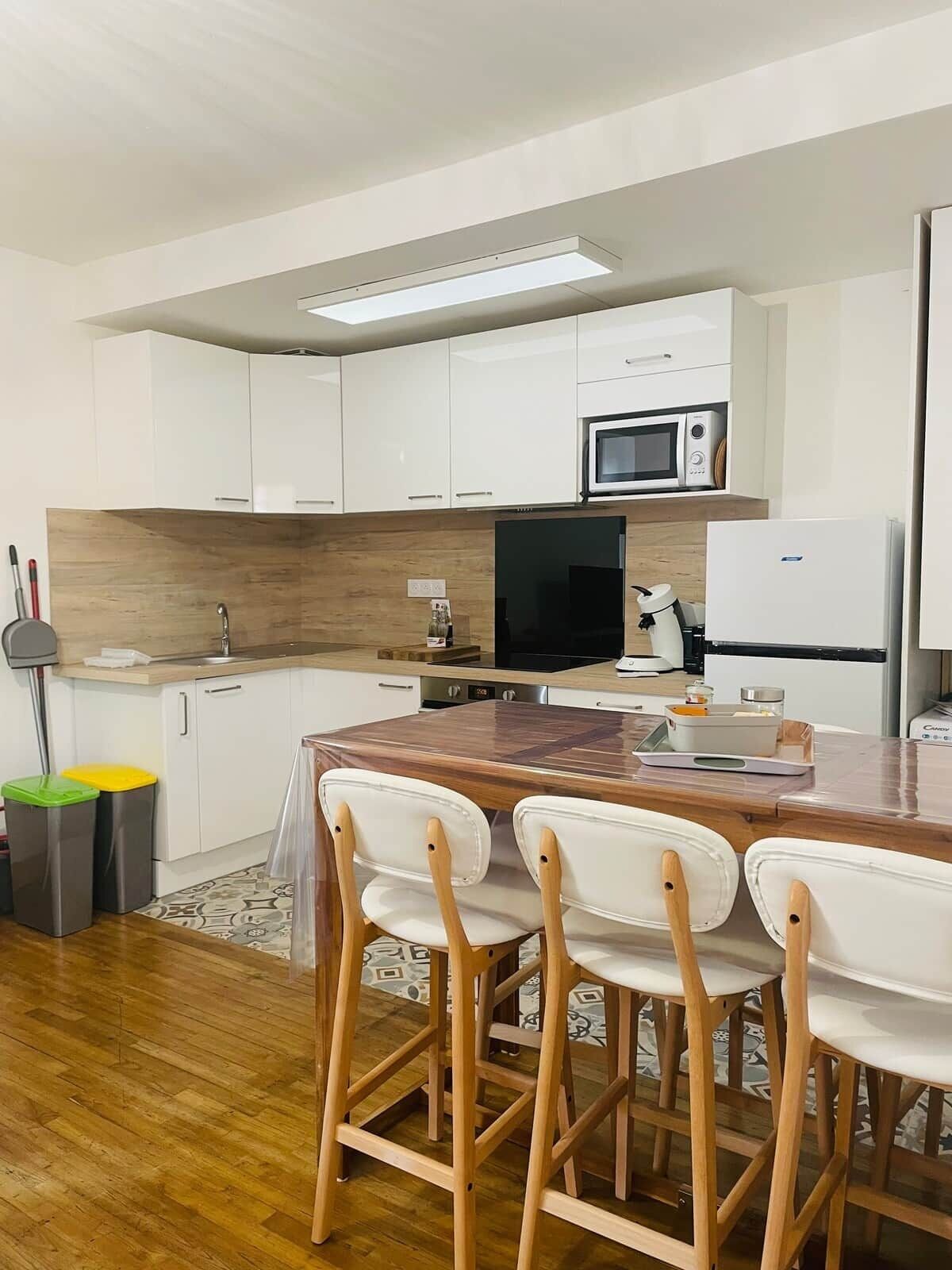 Fridge, microwave, oven, high chair