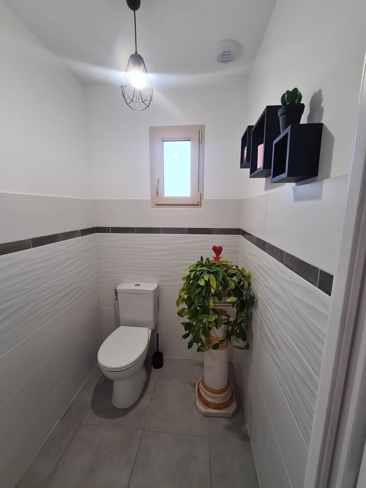 A small bathroom with a toilet, a window, and a potted plant.