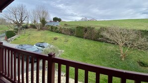 Blick vom Balkon auf einen grünen Rasen mit Holzzaun, Hecke und einigen Bäumen.