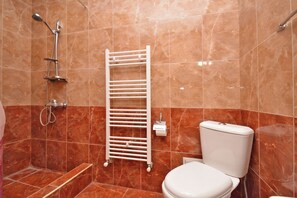 Douche, sèche-cheveux, serviettes fournies, savon