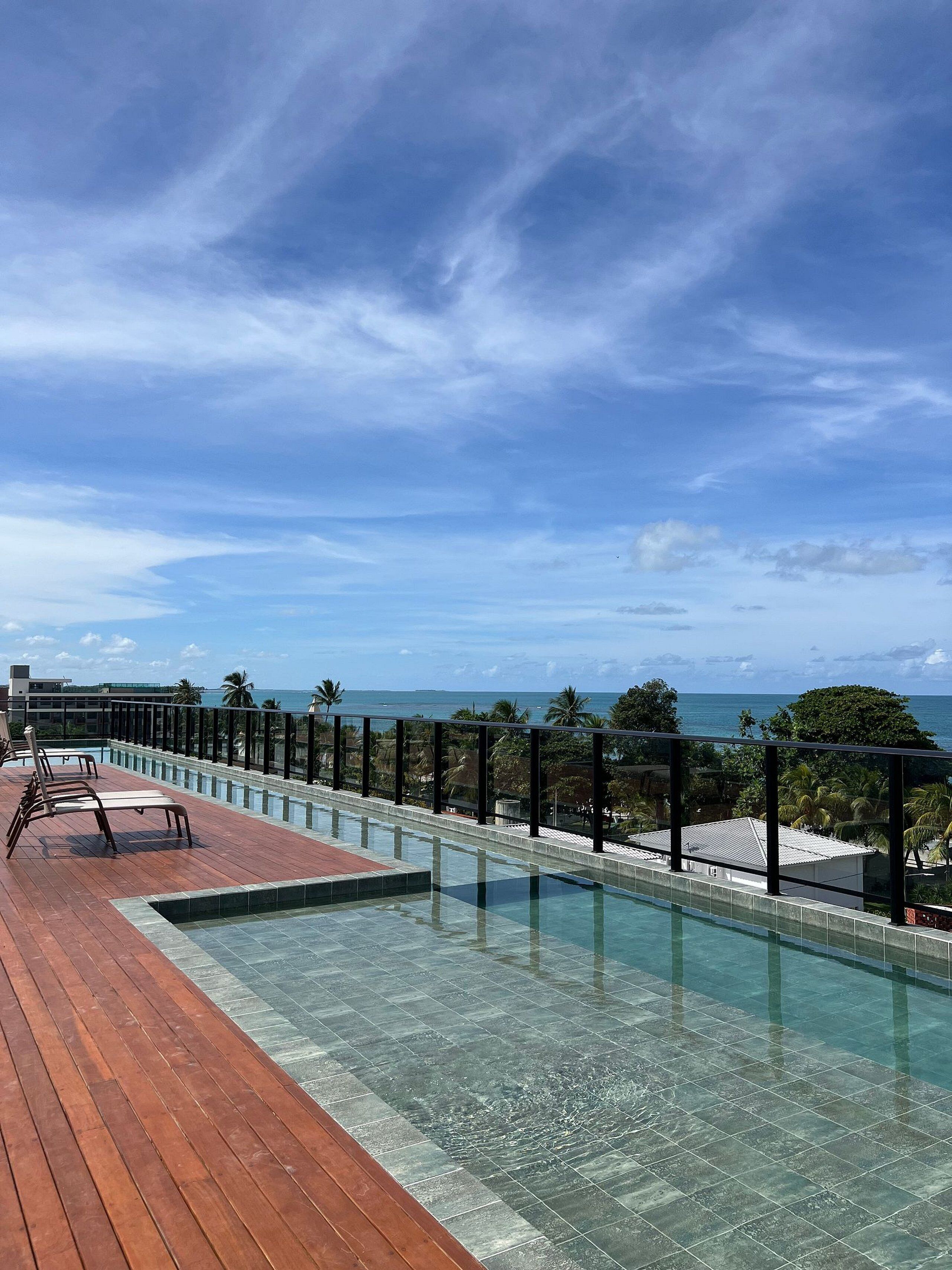 A rooftop infinity pool with a wooden deck and a glass barrier, overlooking a coastal area with palm trees and a clear sky.